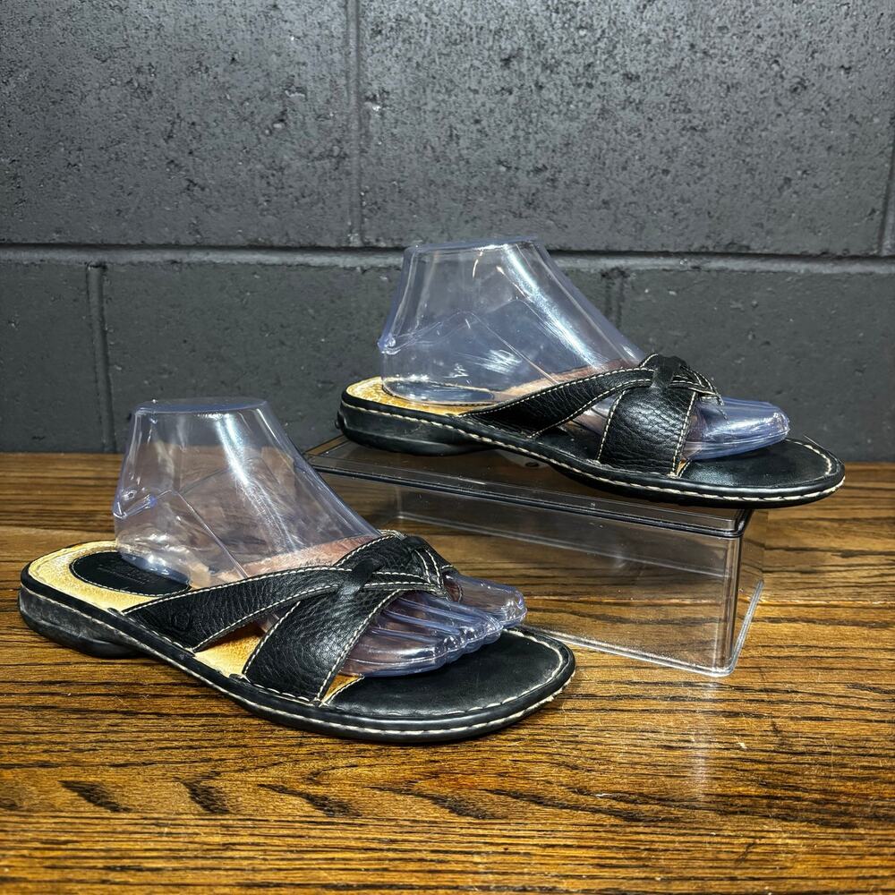 Born Black Leather Slide Sandals Women’s Size 9 Comfort Cross Strap Slip On